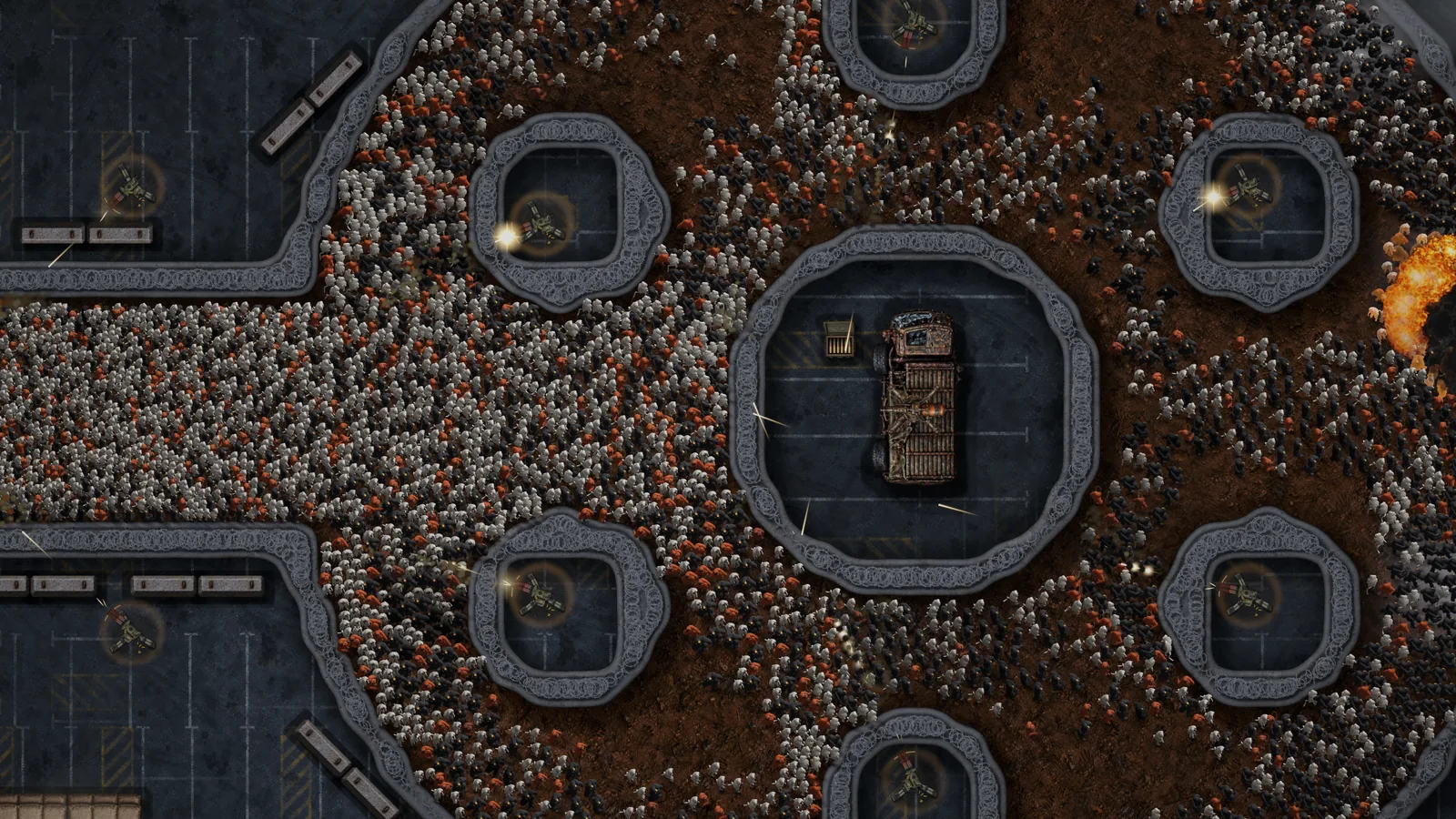 The horde flooding the arena around fortified islands